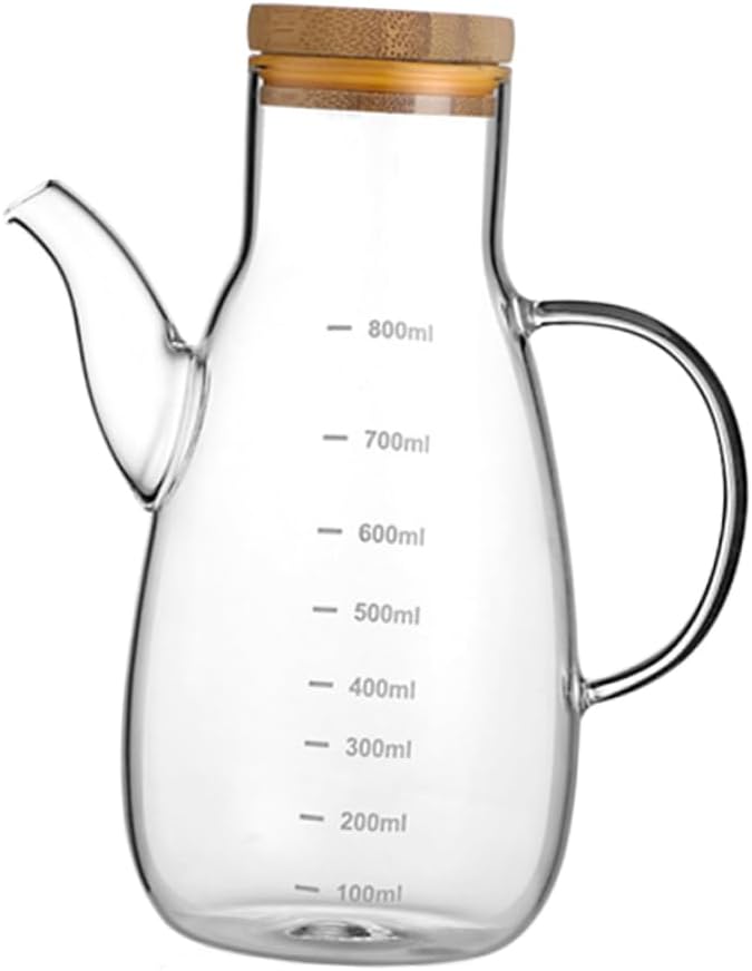 Ciieeo High Borosilicate Glass Oil Pot with Leak-Proof Bamboo Lid and Measurement Scale Heat-Resistant Kitchen Oil Dispenser Bottle for Vinegar Cooking Soy Sauce 7.87X3.74X3.74 Inch