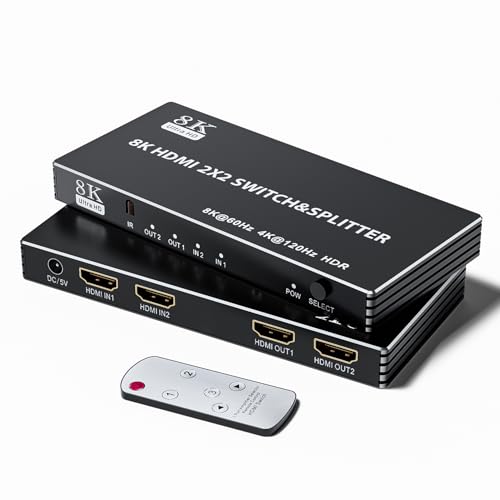 8K HDMI 2.1 Splitter Switch 2x2, BolAAzuL HDMI Switcher 2 in 2 Out Supports 4K/120Hz 8K/60Hz HDR HDCP 2.3 for Xbox Fire TV PS3/4