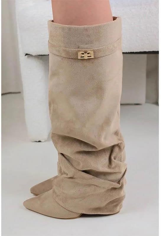 Women Metal Buckle Knee High Boots Pointed Toe Solid Heel Long Fashion Elegant Shoes