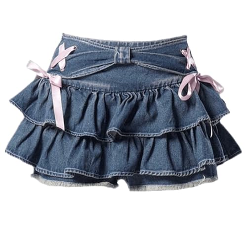 Women's Bow Low Waist Retro Pleated Skirt with Adjustable Waist A-line mini Denim Skirt Y2K
