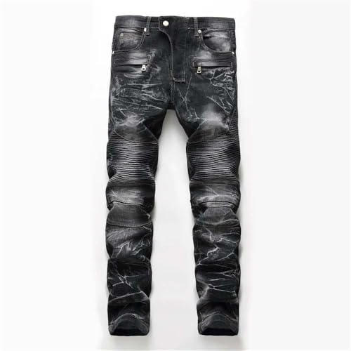 Men's Vintage Zipper Pocket Jeans High Street Motorcycle Stretch Slim Straight Denim Trousers4