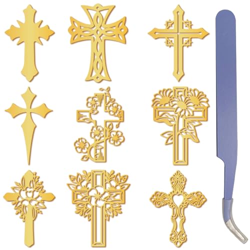 craspire 9 Stück Kreuz Gold Metallaufkleber Mit Pinzette Orgonit Aufkleber Wasserdicht Selbstklebend Dekorieren Aufkleber Abziehbilder Für Sammelalben DIY Kunstharz Kunsthandwerk Telefon Dekor