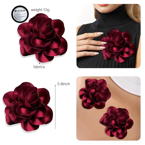 Image of 2Pack 6inch Extra Large Satin Brooches Lapel Pins Dainty Elegant Fabric Camellia Rose Flower Brooch Pin for Women Wedding Part Dance Clothes Accessories Jewelry