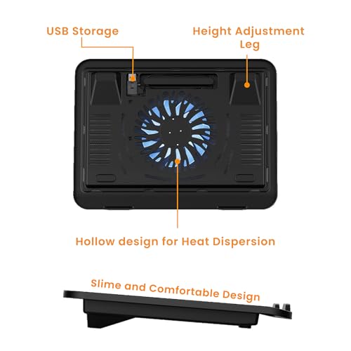 Image of TECHIE 1 Fan Laptop Cooling Pad with Hollow Heat Dissipation Design | Foldable, Ergonomic, Non-Slip Silicone Base | USB-A Connectivity Ultra-Quiet Cooler for 14-17 inch Laptops & Gaming Use (Black)