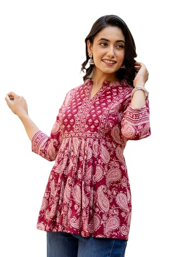 Image of Arayna Women's Pure Cotton Paisley Printed Tunic Top - Comfortable Everyday Wear