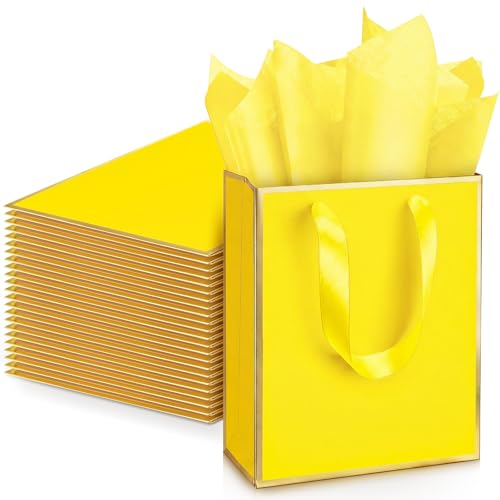 Image of Yeaqee 24 Pack Metallic Paper Gift Bags, Yellow, Gold | with Satin Ribbon Handle and Tissue, 9x7x3.1 Inch, Suit Business, Birthday, Christmas, Thank You Return Gifts Bags