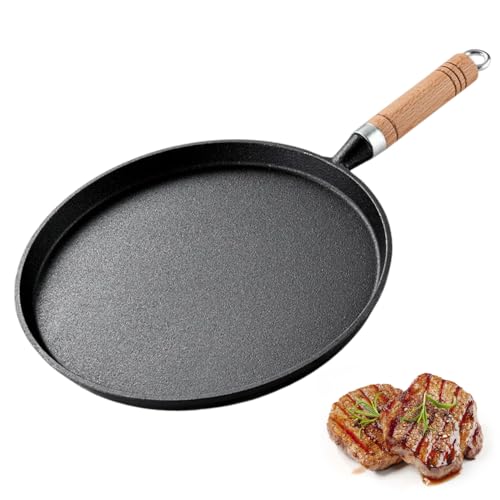 Cast Iron Pan - Padella rotonda in ghisa, con manico in legno, piccola padella in ghisa, per barbecue a gas, campeggio, cucina all'aperto (diametro 20 cm)