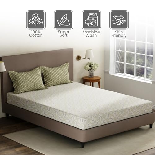 Image of Layers 100% Cotton King Size Bedsheet Set | White & Green Geometric Print | 120 TC Forever Collection | Soft & Breathable | Washable Bedsheet with 2 Pillow Covers | All Season