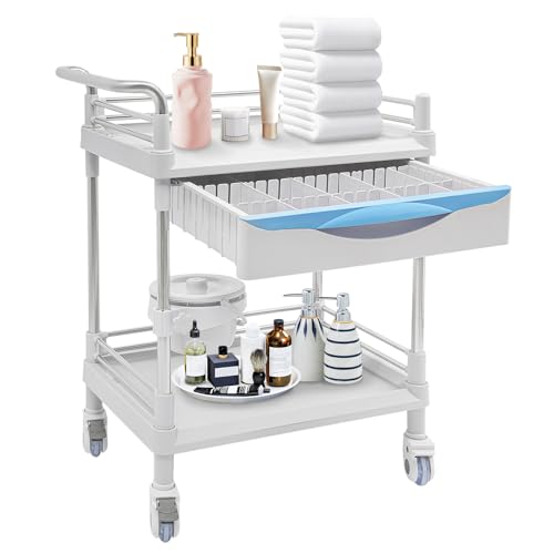 CRYBY Salon Cart, 2-Tier Salon Trolley Cart Rolling Tool Cart with 1 Drawer, Hanging Pot & 4 Wheels, 154.32lbs Capacity Spa Instrument Storage Cart Tattoo Tray Rolling Trolley Utility Cart