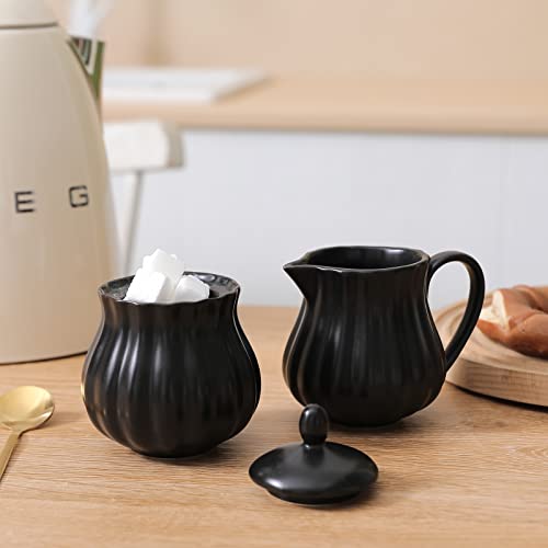 Selamica Ceramic Sugar And Creamer Set, 7.5 Oz Sugar Bowl With Lid Spoon, Tea Or Coffee Serving Set With Cream Pitcher, Dishwasher Safe, Gift, Set Of 3, Matte Black #TOP6