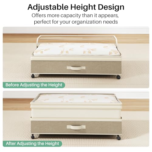 Image of Kitstorack 2Pack Height-adjustable Under Bed Storage with Wheels, Under Bed Storage Containers,Under Bed Shoe Storage Organizer with Clear Window&Label, Suitable for Clothes Storage, Beige & Linen