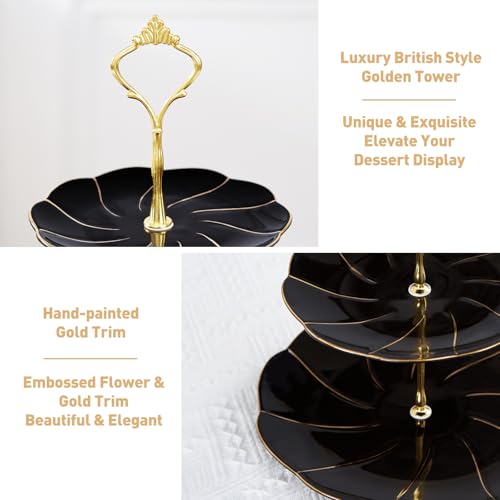 DUJUST Luxury Porcelain 3-Tier Cupcake Stand Tower, British Style Serving Tray with Golden Trim, Food Grade Dessert Display Stand, Beautiful Gift for Tea Party & Home Décor - Black - Image 5
