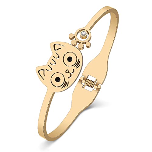 Bracelet manchette chat en acier et or 18k, cadeau idéal femme