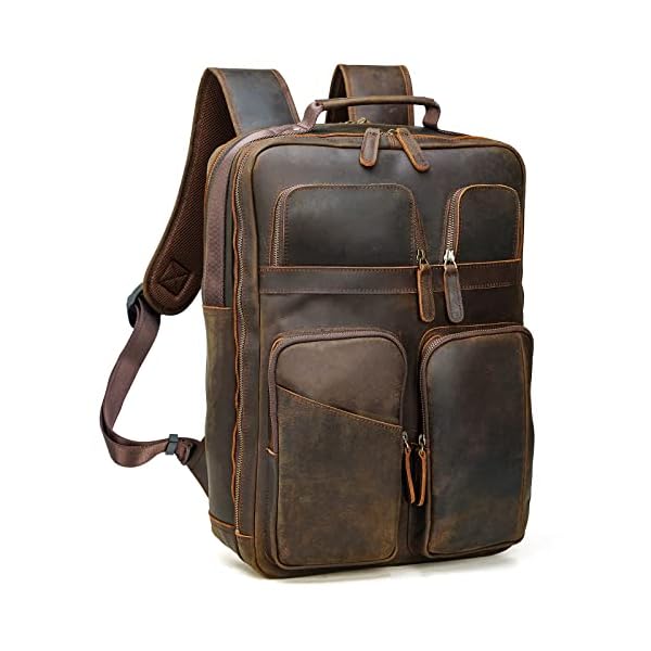 Polare 17.3 Inch Full Grain Leather Backpack for Men and Women Multi Pockets Business Travel Laptop Rucksack (Brown)