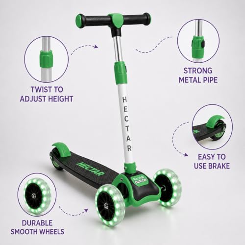 Image of Maanit LED Scooter for Kids (3-12 Years) | Foldable Kick Scooter with LED Light-Up Wheels | Adjustable Height Handlebar | 3-Wheel Stable for Boys & Girls | Outdoor Fun Ride-On (Green)