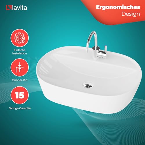 LAVITA Aufsatzwaschtisch Pereya Aufsatzwaschbecken Rechteckig Waschbecken ohne Überlauf und mit Hahnloch Aus hochwertigem Porzellan Waschtisch modernes Badkeramik Waschplatz 50,5x38,5x12 cm Weiß Glanz – Bild 5