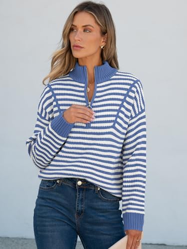 Image of ANRABESS Sweaters for Women Striped Half Zip Long Sleeve Ribbed Knit Pullover Comfy Casual Lightweight Tops 2026 Fall Fashion