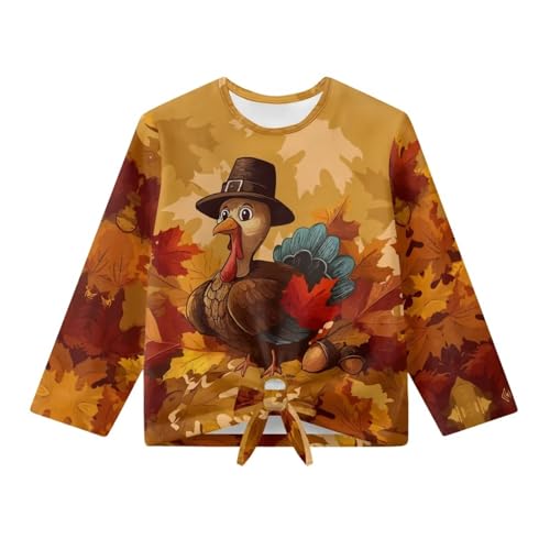 Belidome Kids Fall Shirts for Girls Long Sleeve Shirt with Front Tie Tees Top Novelty Graphic Holiday Outfits 5-12 Years