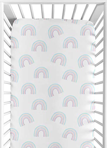 Sweet Jojo Designs Pastel Rainbow Girl Fitted Crib Sheet Baby or Toddler Bed Nursery - Blush Pink, Purple, Teal, Blue and White