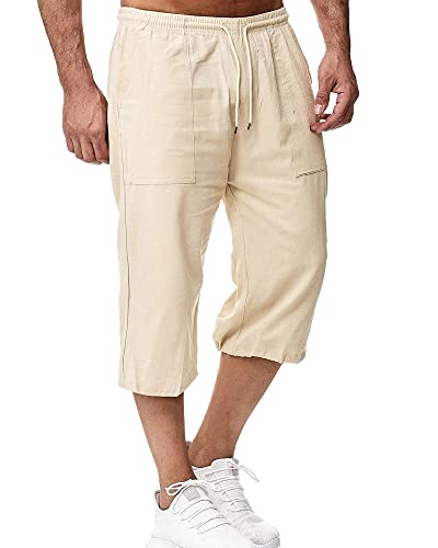LVCBL Short en Lin pour Homme, Longueur 3/4, Pantalon d'été, pour la Plage, Le Yoga, Le Jogging, Décontracté, Kaki, XXXL