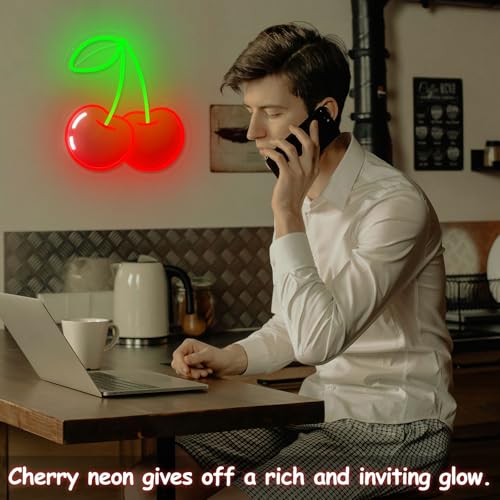 Image of Cherry Neon Sign for Wall Decor, Dimmable Red Printed Cherries Neon Lights, Vibrant Fruit Themed Neons LED Signs for Kids Room, Bedroom, Restaurant, Bar, Club, Fruit Shop, Birthday Party (Cherry)