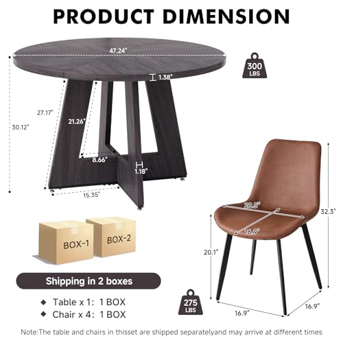 Image of 47 inch Round Dining Table Set for 4, Kitchen Table and Chairs | Wooden Cross Base, Synthetic Leather Chair, for Apartment