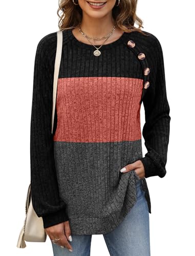 Image of Bofell Long Sleeve Shirts for Women Lightweight Button Decor Tunic Tops Side Split