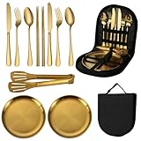 Tableware Set, Stainless Steel, Portable Travel Camping, High-End Barbecue Plate, Food Clip, Knife, Fork, Spoon, Outdoor Tableware Set