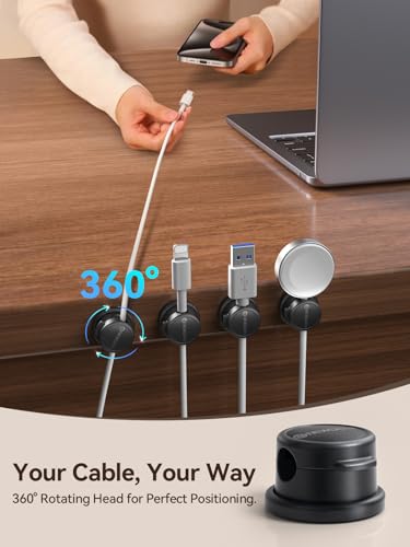 NEWDERY Magnetic Cable Organizer 6-Pack - 360° Rotatable Cable Clips Cord Holder for Desk - 3M Adhesive Wire Holder for Phone Charger, Home Office Accessories & Nightstand Organization-Black — view 2