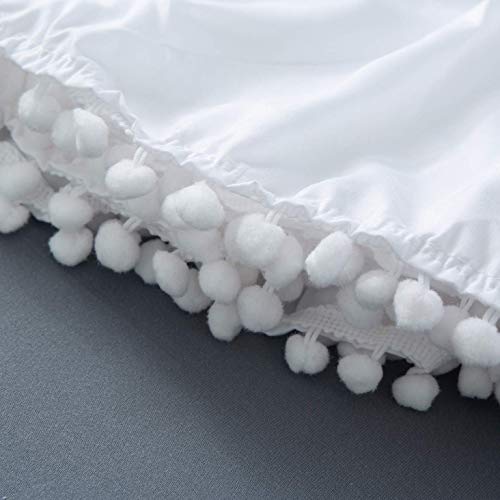 Ayasw Bed Skirt Queen Size 14 Inch Long With Pompom Fringe Dust Ruffle Three Fabric Sides Wrap With Elastic No Top Easy To Install Easy Care White #TOP2