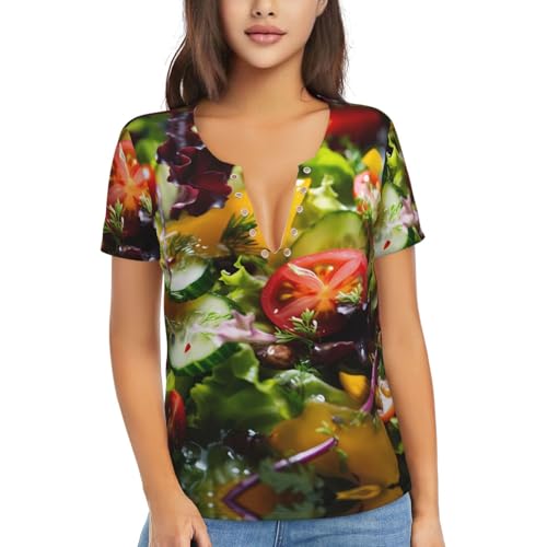 WBQLSL Camiseta corta con estampado de cuello en V sexy con estampado de ensaladas, ropa portátil de viaje, ropa de fitness, uso doméstico y al aire libre, Negro, M