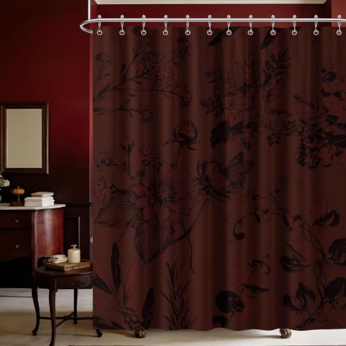 soeeao Dark Red Vintage Botanical Extra Long Shower Curtain, Tall 72x84 in