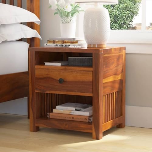 Image of Solid Sheesham Wood Bedside Table for Bedroom | Handmade Pure Wooden Bed Side Nightstand End Table with 1 Drawers & 2 Open Shelf Storage for Home & Bed Room | Rosewood, Brown