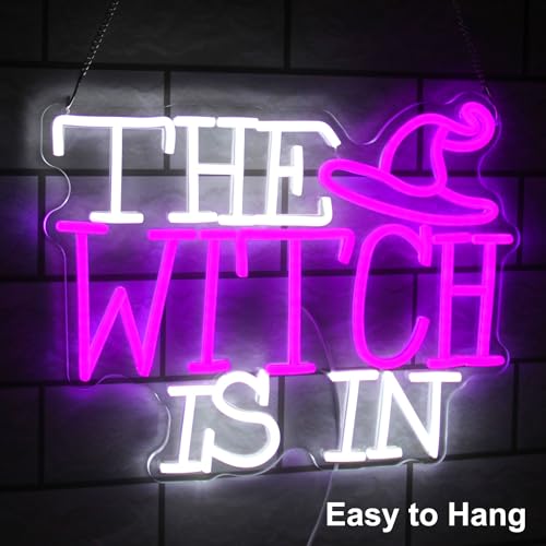 Image of The Witch Is In Neon Sign Gothic LED Lamp for Wall Halloween Party Decor | Dimmable Witch Hat Neon Light, Purple White Letter Neon Wall Sign, Acrylic Halloween LED Sign, Haunted Mansion House Decor