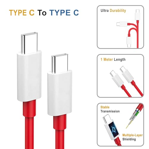 Image of Oneplus Original Type C to C Cable 65W Dash /Warp /SuperVooc Charging Data Cord [10V /6.5A] Compatible with OnePlus 12 /12R /11 /11R 5G /10R /10T /9 /9R /9 Pro /9RT /8T /Nord Series, USB C Charger Adapter Cord, Red