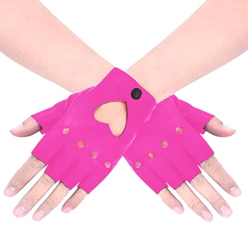 Generic 1 Pair of Half Finger Dance Gloves PU Leather Gloves Heart Cutout Punk Fingerless Gloves for Halloween Costume Dress Up (Hot Pink)