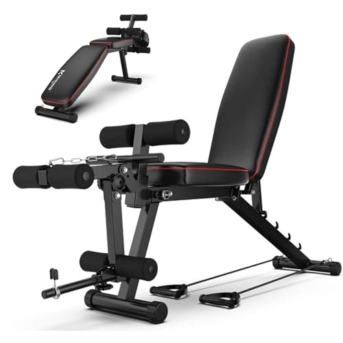 Banco de Pesas y Abdominales Ajustable, Banco de Musculación Plano, Banco de Fitness para Casa Gimnasio Ajustable Respaldo en 5 Niveles con Extensión de Piernas Curler Piernas con Bandas Resistencia