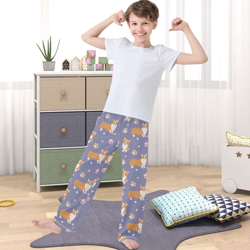 Boy's Pj Pants Happy Corgi Dog Footprint Lounge Bottoms Elastic Waist Kids Joggers with Pockets Size 6-144