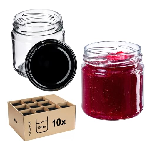 KADAX Tarros Pequeños de 200 ml, Botes de Cristal con Tapa Hermética de 66 mm para Miel, Conservas, Especias y Mermeladas (10 Unidades, Negro)