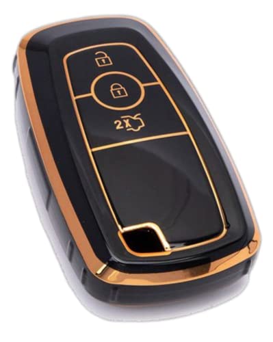 Image of TPU Car Key Cover Black & Golden Compatible for Ford Endeavour, Ecosport, Figo, Aspire, Freestyle (Ford, 3 Button Push Smart Key)