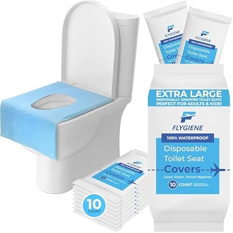 FLYGIENE Disposable Toilet Seat Cover - Individually Wrapped Toilet Liners - Travel Essentials for Adults & Kids - XL Waterproof Toilet Seat Covers for Travel, Airplane, Public Restroom (1 Pack of 10) Cover