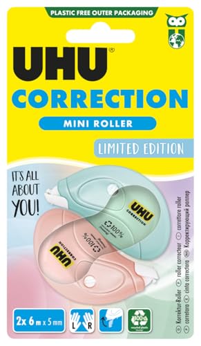 UHU Rollers Correcteur - Ruban Correcteur Mini Pastel Kawaii - Rapide Propre Et Précis - Avec Capuchon Protecteur - Fournitures Scolaire Et Bureau - Blanc - Lot De 2 Rollers De 6 m X 5 mm