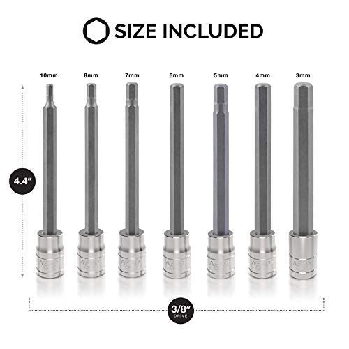 Neiko 10076A 3/8” Drive Extra Long Allen Hex Bit Socket Set, Metric, 3mm to 10mm | 7-Piece Set, S2 and Cr-V Steel