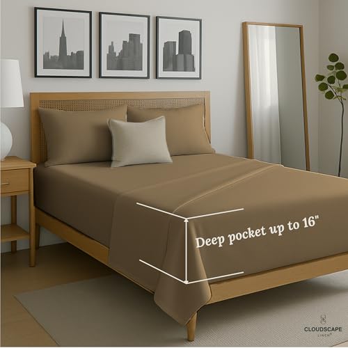 Cloud Scape Linen 100% Egyptian Cotton King Sheets Set – 1000 Thread Count, 4-Piece Soft Hotel Quality Bedding Set,Deep Pockets up to 16”, Taupe