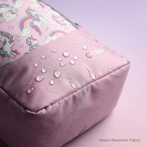 Image of ORBY Lunch Bag Unicorn Lavender | Water-Repellent Durable Fabric | Tiffin Bag with Bottle Holder & Front Pocket | Strong Zipper & Spacious Meal Storage (Unicorn Pattern, Lavender)