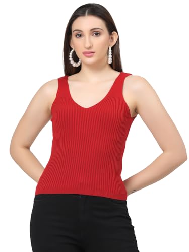 Image of Kalt Women Knitted, Ribbed Cotton Fitted Sleeveless V-Neck Cami Tank Top for Women Stylish