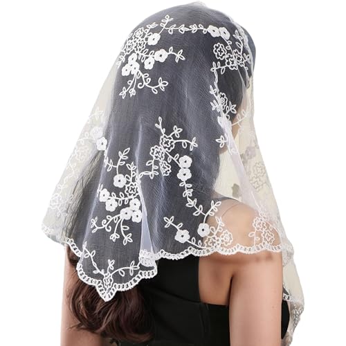 Lusstiazz Triangle Mantilla Veil Lace Edge - Catholic Church Wedding Chapel Veil Christian Communion Head Covering Scarf for Women (White)
