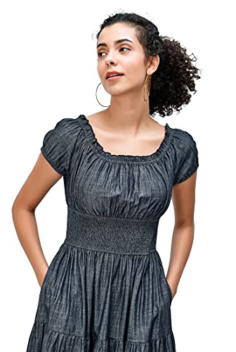 Eshakti Women's Smocked Cotton Chambray Tiered Dress 1X-18W Indigo Chambray #TOP3