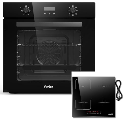 Cooksir Four Encastrable 60CM avec Prise, 60 Litres, 2000W, 7 Fonctions, Bouton Rotatif+Plaque Induction 4 Feux avec Prise, Induction Encastrable 60 CM, Zone...