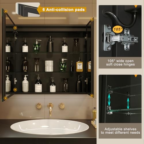 KWW LED Lighted Bathroom Medicine Cabinet with Sockets & USBs, Defogger, Dimmable, 3 Color Light Makeup Mirror, Easy to Install, Wall Mounted Cabinet (2 door-31 * 28)